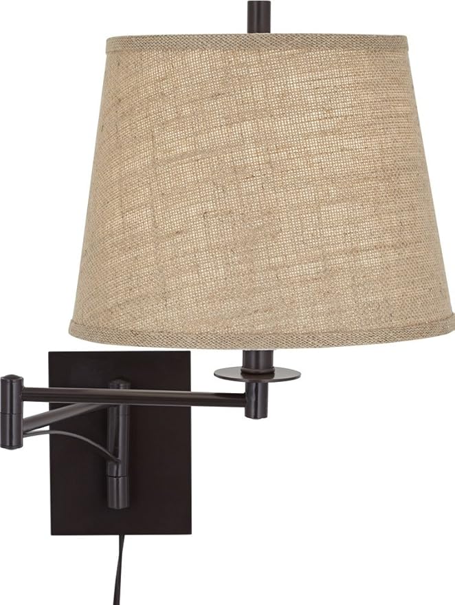 Franklin Iron Works Brinly Farmhouse Rustic Swing Arm Wall Lamp Matte Brown Metal Plug-in 12" Fixture Burlap Hardback Drum Shade for Cottage Core Bedroom Bedside Living Room Hallway Dining House