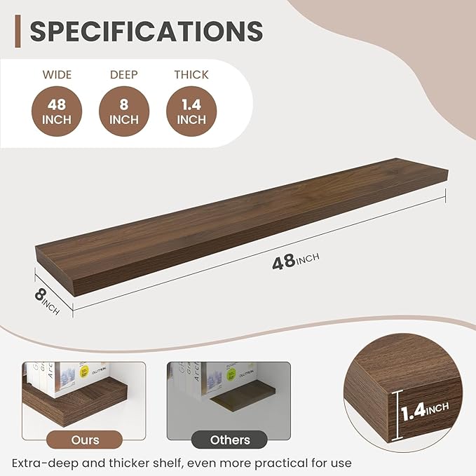 48 Inch Floating Shelves, 8 Inch Deep Floating Shelves for Wall, Hanging Shelf with Invisible Brackets, Deep Shelves for Bathroom, Bedroom, Living Room, Walnut, Set of 2