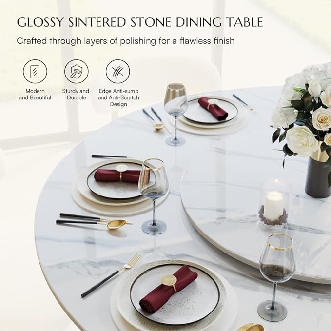 POVISON 51" Modern Dining Table, Glossy White Round Dining Table for 4 Built in Lazy Susan, Sintered Stone Dining Tabletop with Black X Carbon Steel Base (Table Only)