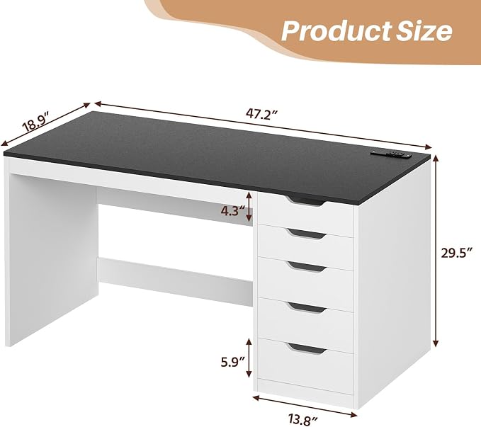 YOMILUVE 47 Inch Computer Desk with 5 Drawers and Power Outlets, Home Office Desks with Storage File Cabinet, Modern Simple Laptop Desk Writing Table for Small Spaces, Black and White