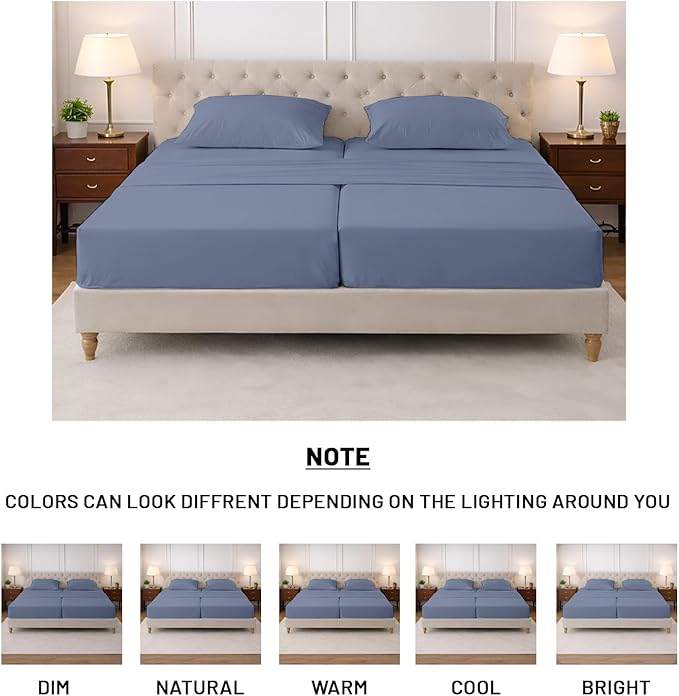 SGI Split King Sheet Set for Adjustable Bed Egyptian Premium Cotton 600 Thread Count Sheet for Sleep Number Bed 15" Deep Pocket 5 Pc Set with 2 Twin XL Fitted Sheets Soft Breathable Mediterranean Blue