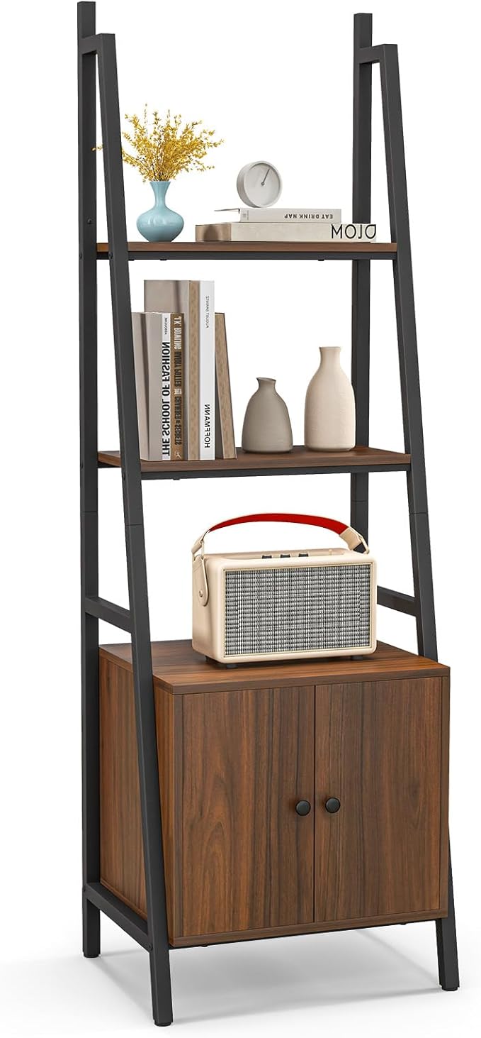 Tangkula 4-Tier Ladder Shelf with Cabinet, 63” Tall Bookshelf, Industrial Bookcase with Metal Frame, Floor Display Shelf Storage Rack for Living Room Study Home Office (1, Rustic Brown)