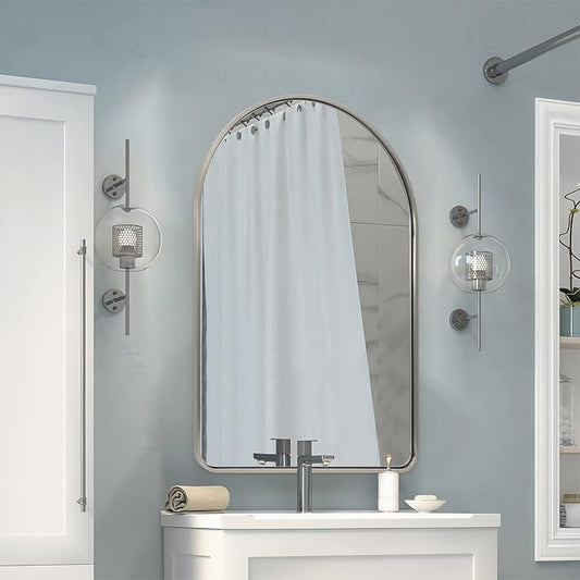 Andy Star Brushed Nickel Arched Mirror, 24x36’’ Arched Bathroom Mirror, Arch Wall Mirror, Bathroom Vanity Mirrors Metal Framed, SUS304-Anti-Rust, Tube Frame, 1’’ Deep Set Wall Mounted Vertical