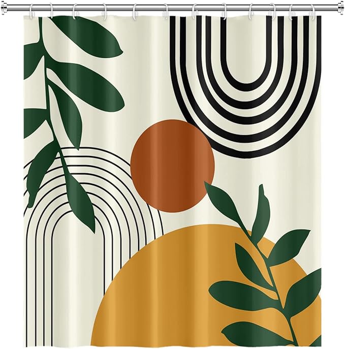 Abstract Mid Century Bohemian Bathroom Shower Curtain Orange Sun Green Eucalyptus Leaves Arch Shower Curtain with Hooks Waterproof Fabric Polyester Shower Curtain Home Decor, 72x96 Inch