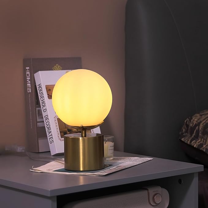 10 Inch Gold Globe Table Lamp, Mid Century Modern Desk Lamp with Frosted Glass Shade, Eye-Caring Soft Light, Gold Metal Base Ball Bedside Lamp for Bedroom Living Room Nightstand Home Decor
