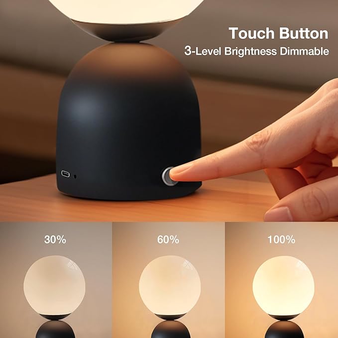 Cordless Globe Glass Table lamp Black, 5200-mAh Rechargeable Orb Lamp, 3-Level Brightness Dimmable, Integrated LED 320 Lumen Max, for Bedside Nightstand Light