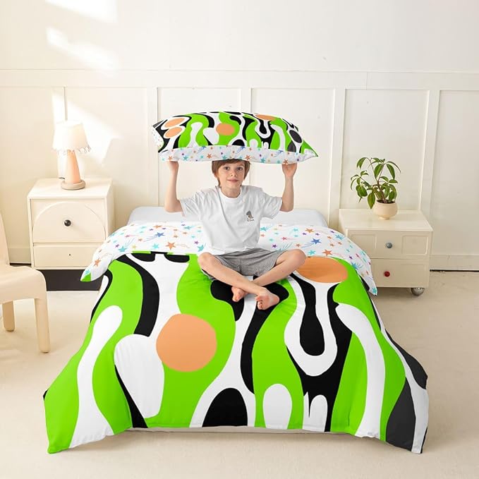 Organic Geometric Duvet Cover Set Modern Abstract Girl Toddler Bedding Set for Kids Teens Child Retro Mid Century Comforter Cover Modern Fluid Art Irregular Circles Bed Sets,Lime Green Peach