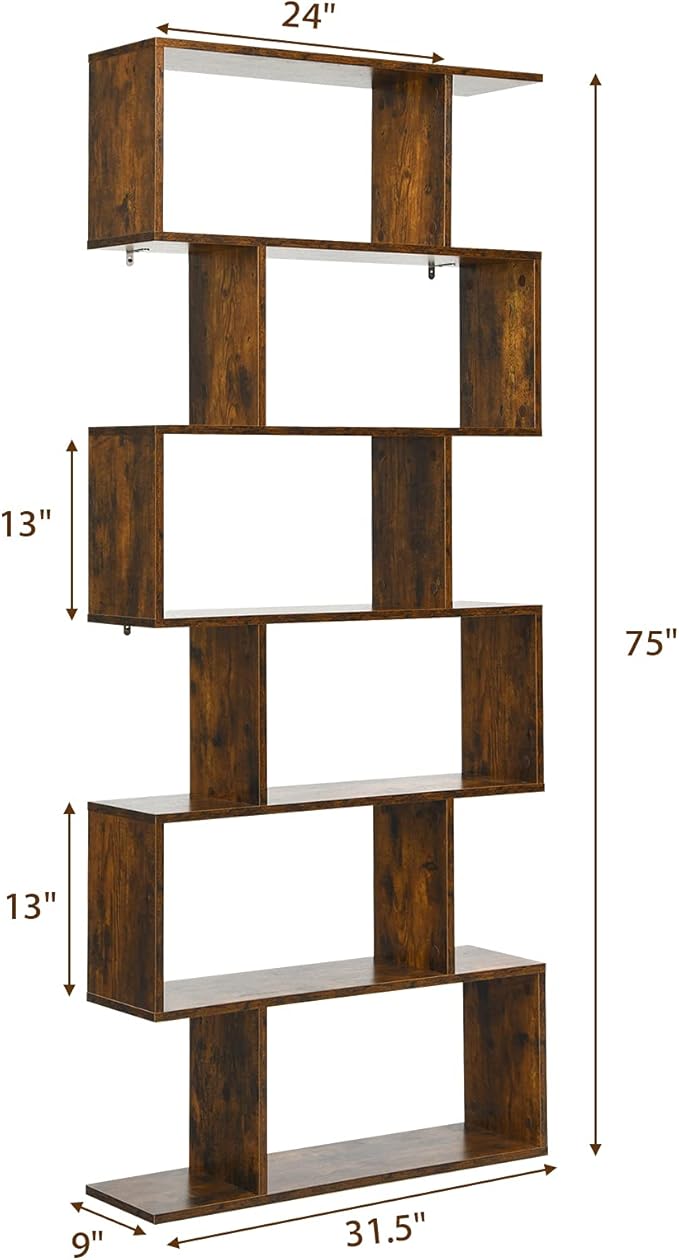 Tangkula 6 Tier S Shaped Bookshelf, 31.5''L x 9''W x 75''H, Wooden Bookcase and Bookshelves w/Anti-Toppling Device, Room Divider Display Shelves for Living Room, Home Decor, 6 Shelf Bookshelf
