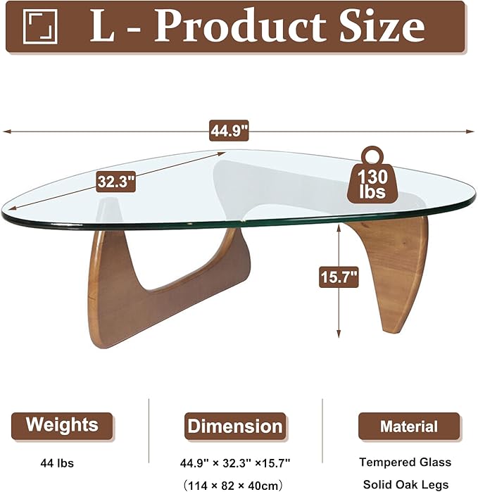 Glass Coffee Table, 44.9"×32.3"×15.8" Mid Century Modern Center Table with Triangle Tempered Glass Top, for Living Room Office Apartment