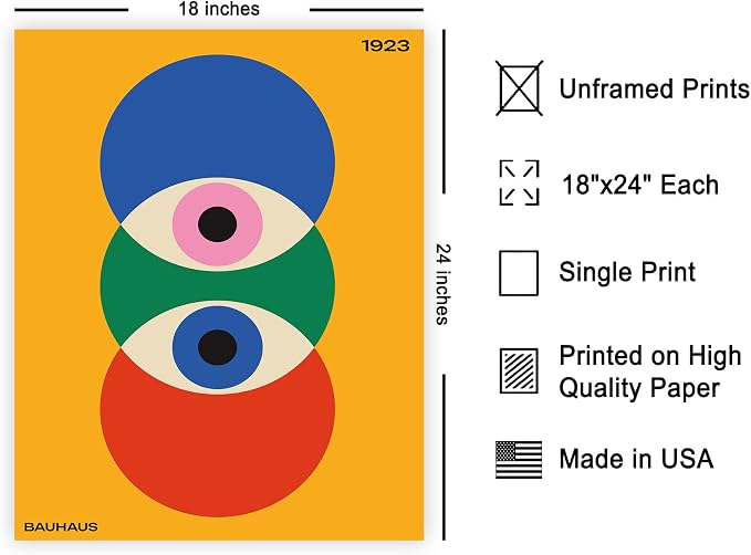 Poster Master Bauhaus Poster - Abstract Eyes Print - Graphic Design - Eye Illustration - Geometric Art - Chic Boho Design - Mid Century Modern Illustration - Living Room or Bedroom Wall Decor - 18x24 UNFRAMED Wall Decor