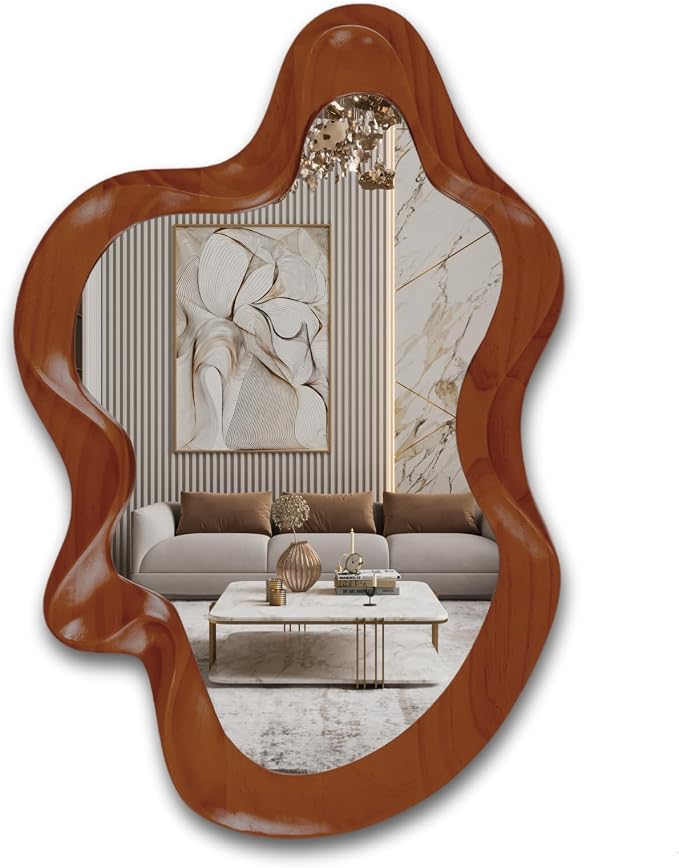 32"x 21" Irregular Wall Mirror, Walnut Wooden Framed Asymmetrical Wall Mirror for Living Room Bedroom Entryway Bathroom Modern Decorative Hanging Hooks