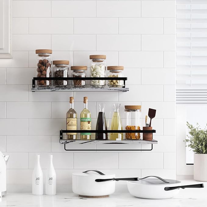 Floating Shelves for Wall, Bathroom Shelves with Towel Bar, Wall Mounted Storage Shelves for Kitchen, Bathroom, Set of 2 Grey