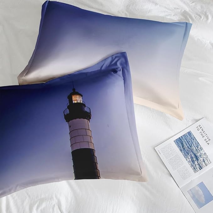 Comforter Set with 2 Pillowcases King Size, Coastal Lighthouse Michigan Beach Lake, Bed Decor Sea Ocean House Sunset Seascape for Kids and Adults, Soft Cozy Bedroom Bedding Set