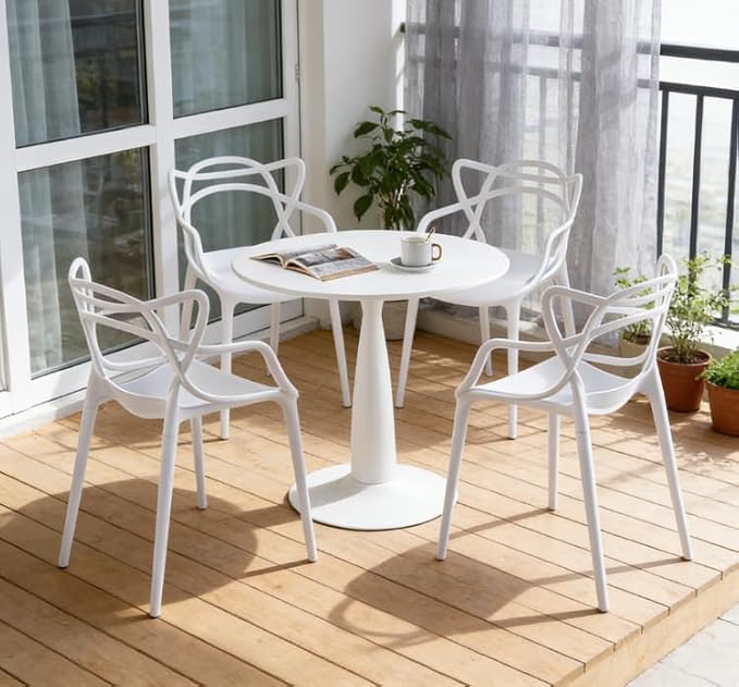31.5" Round Dining Table Set for 4, Mid Century Modern Round Dining Table with 4 Chairs, w/Pedestal, White Coffee Table Set for Kitchen Dining Room, Office, Save Space (with 4 Stacking Chairs)