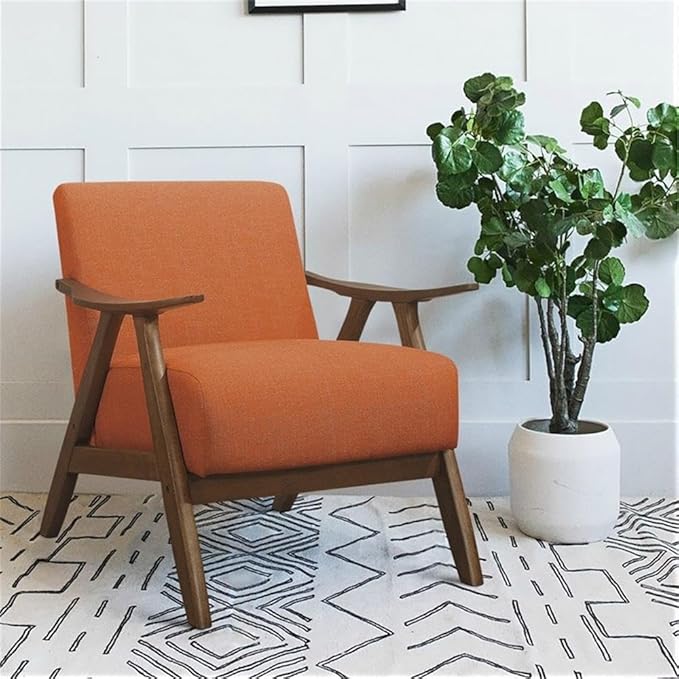 Lexicon Mid Century Modern Accent Chair with Solid Wood Frame in Walnut Finish, Upholstered Living Room Lounge Arm Chair, Thick and Comfy Innerspring Seat Cushion, Linen-Look Fabric, Orange
