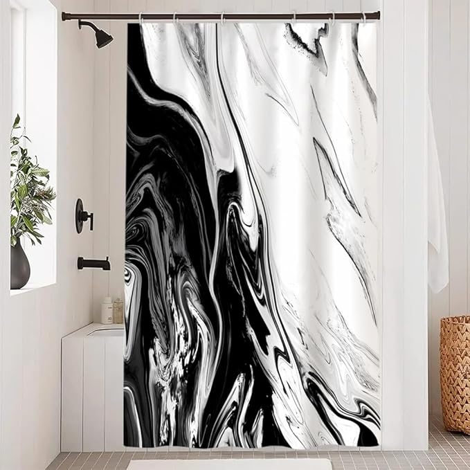 Black and White Shower Curtain, Modern Abstract Black Marble Shower Curtain for Bathroom Aesthetic Ink Texture Waterproof Shower Curtain Set with Hooks, 48x72 Inch