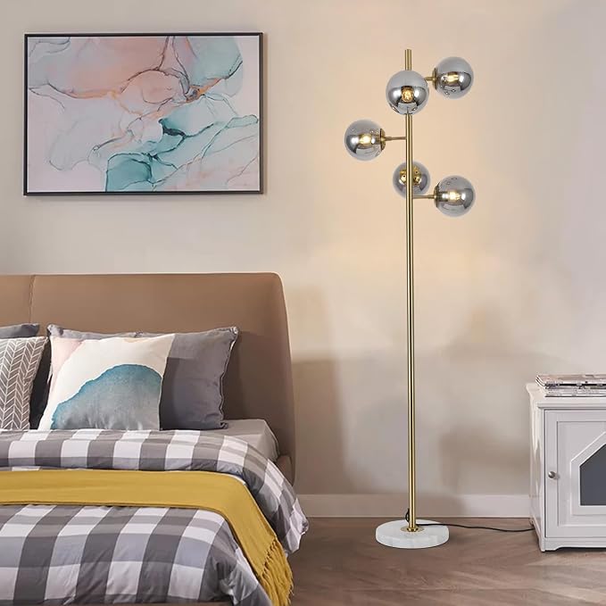 KCO Lighting Glass Globe Floor Lamp Mid Century Modern Standing Lamp Gold and Marble Floor Lamps Brass Reading Floor Lamp Bright Floor Light for Dark Rooms Living Room Bedroom