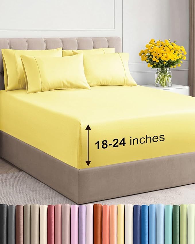 Extra Deep King Sheet Set - 6 Piece Breathable and Cooling Sheets - Hotel Luxury Bedding for Women, Men, Kids & Teens - Easy & Secure Fit - Soft, Wrinkle Free and Comfy - Extra Deep Pockets - Yellow