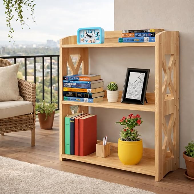 Wooden 3 Tier Bookshelf, Small Wood Bookcase Storage Shelf, Open Shelf Organizer for Bedroom, Living Room and Office (Natural, 3 Tier)