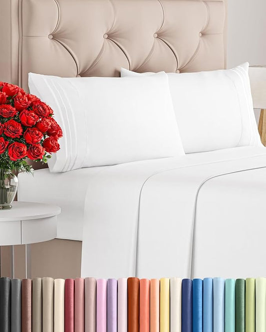 Cal King Size 4 Piece Sheet Set - Comfy Breathable & Cooling Sheets - Hotel Luxury Bed Sheets for Women & Men - Deep Pockets, Easy-Fit, Extra Soft & Wrinkle Free Sheets - White Oeko-Tex Bed Sheet Set