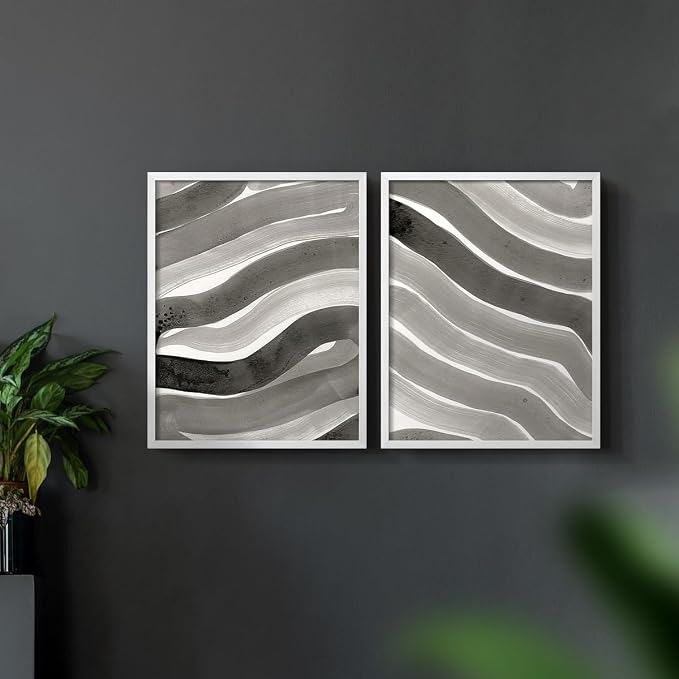 Renditions Gallery Set of 2 Peel & Stick Framed Prints, Watercolor Abstract Wall Art, Black and White Bold Brushstrokes Wall Decor, Re-Stickable - Ready to Hang - 8"x10" - White Frame LT588