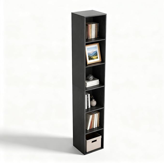 6 Cube Storage Organizer, Narrow Open Shelf Bookcase, Freestanding 6 Cube Storage Shelf, Moisture-Proof Scratch-Resistant Melamine Display Shelf for Bedroom, Living Room, Study, Home，Black