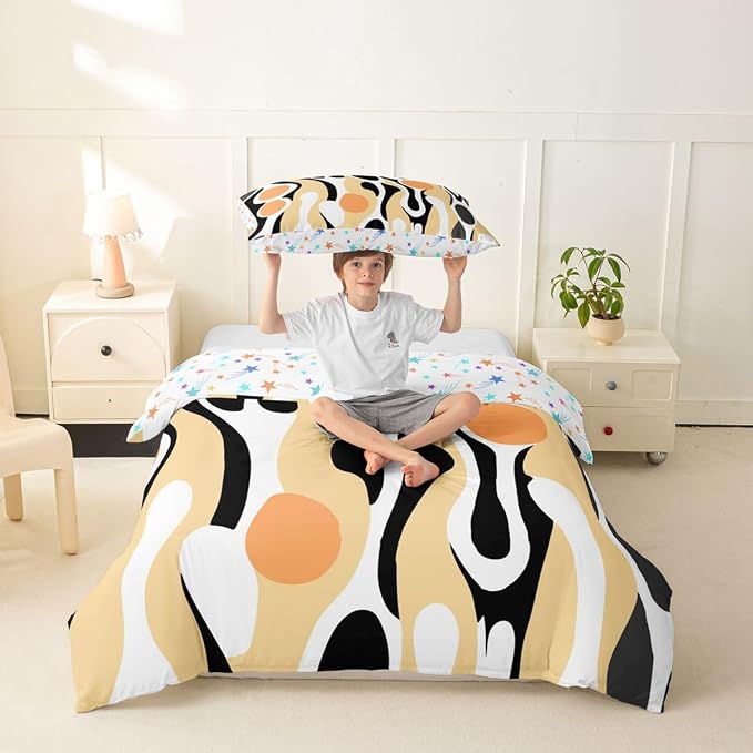 Erosebridal Organic Abstract Duvet Cover Set Modern Contemporary Girl Toddler Bedding Set for Tween Boys Girls Boho Mid Century Wavy Lines Comforter Cover Retro Geometric Bed Sets,Light Beige Peach