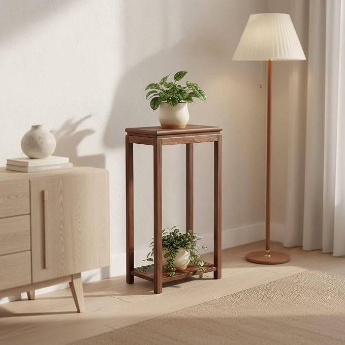 Mid-Century Solid Wood Plant Stand, 2-Tier Tall Narrow Plant Holder Display Table, Corner Small Side Table by Sofa Couch (19.7" L x 11.8" W x 35.4" H)