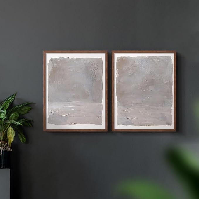 Renditions Gallery Set of 2 Peel & Stick Framed Prints, Watercolor Abstract Wall Art, Neutral Tones Textured Brushstrokes Wall Decor, Re-Stickable - Ready to Hang - 22"x28" - Walnut Frame LT588
