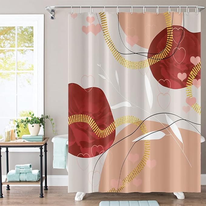 Abstract Boho Shower Curtain 48Wx72H Mid Century Pink Gold Geometric Pattern Shower Curtains Modern Minimalist Aesthetic Art Fabric Waterproof for Bathroom Decor 8 Plastic Hooks