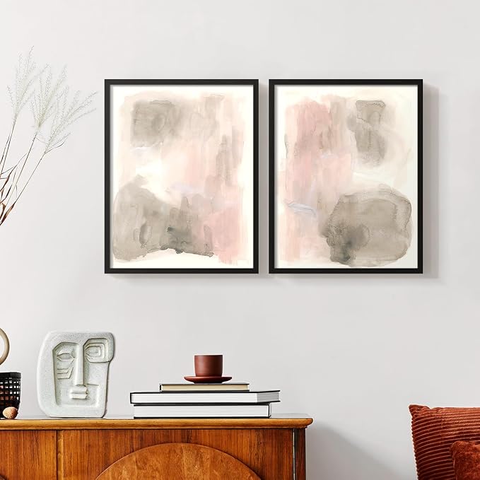 Renditions Gallery Set of 2 Peel & Stick Framed Prints, Watercolor Abstract Wall Art, Nude Color Neutral Aesthetic Wall Decor, Re-Stickable - Ready to Hang - 8"x10" - Black Frame LT588