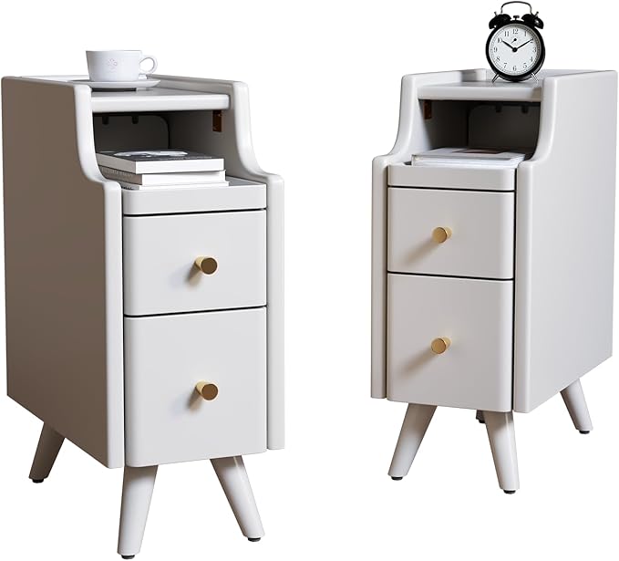 AQIMUELE Narrow Nightstand with Drawers, Wood Bedside Table, Small White Nightstand Set of 2