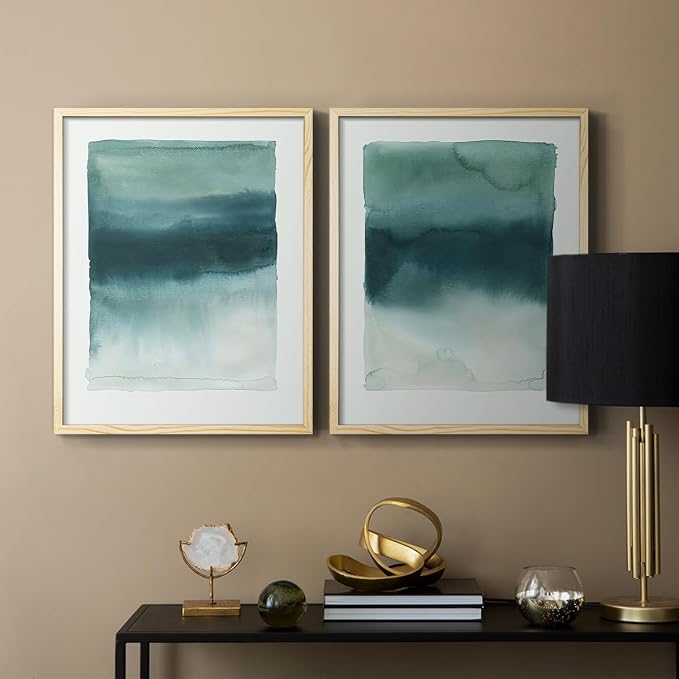Renditions Gallery Set of 2 Peel & Stick Framed Prints, Tie Dye Abstract Wall Art, Sage Green Watercolor Horizon Wall Decor, Re-Stickable - Ready to Hang - 22"x28" - NATURAL WOOD Frame LT588