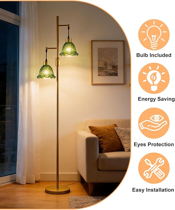 2-Light Modern Glass Floor Lamp, Gold Tall Standing Lamp with Green Bell Glass Shade for Reading, Dimmable LED Floor Lamp with 5Lbs Heavy Base for Living Room Bedroom Home Decor, Bulb Included