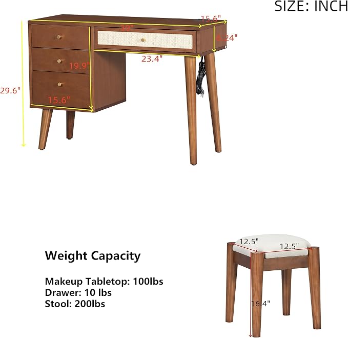 Walnut Vanity Desk No Mirror 39" Vintage Vanity Table with 4 Drawers & Power Outlet Mid-Century Modern Vanity Set for Girls with Stool & Rattan Decor
