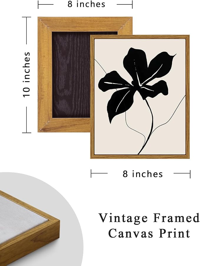 ARPEOTCY Vintage Framed Canvas Wall Art, Black Abstract Minimalist Flower Art Prints Home Decor Aesthetic, Rustic Mid Century Oil Paintings for Bedroom Bathroom Decor,8x10inch