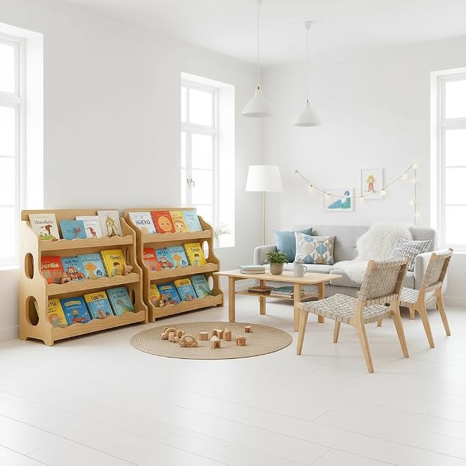 Kids Bookshelf Wooden Montessori Book Shelf Dutch Design 3Tier Scalloped,NaturalMapleWood GrainPattern