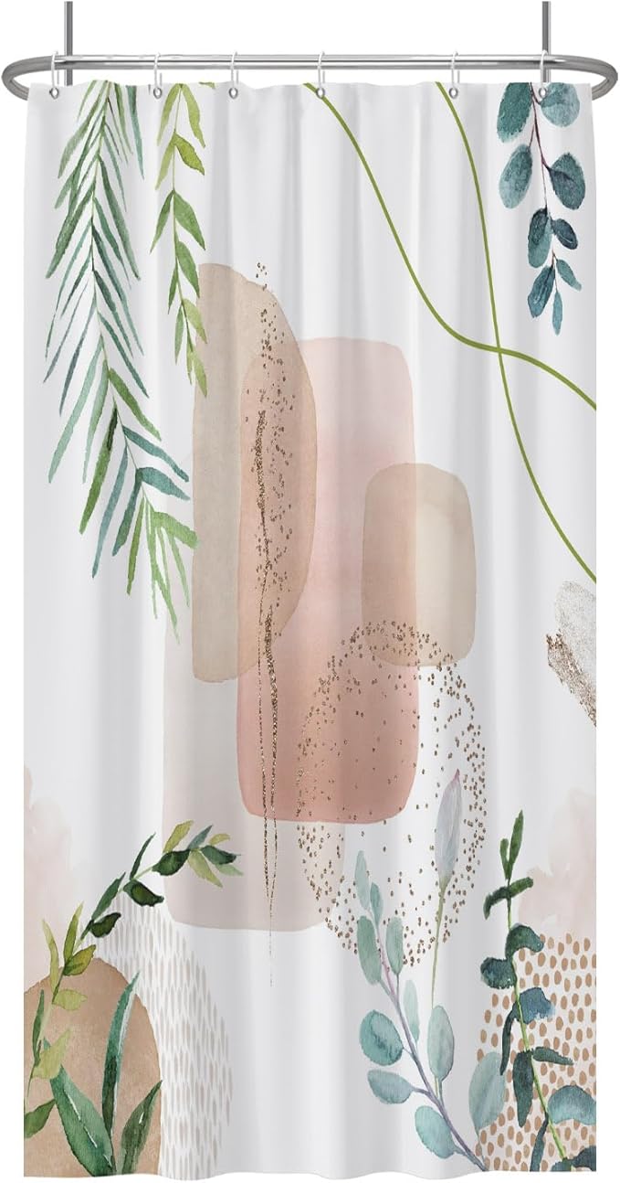 Baocicoo Minimalist Leaves Shower Curtain - Modern Abstract Geometric Botanical for Bathroom, Family, Camping, Hostel - Polyester with Hooks - 36x72 Inches