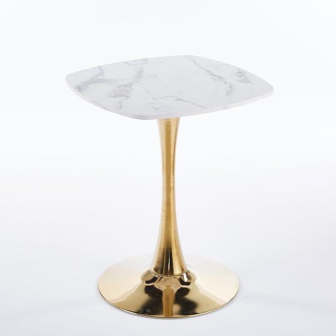 White and Gold Square Dining Table for 2 4 6, 23.62 inches Special Kitchen Table with Tulip Shape & Metal Pedestal Base, Mid Century Modern Bistro Tulip Table for Kitchen, Small Space, Cafe