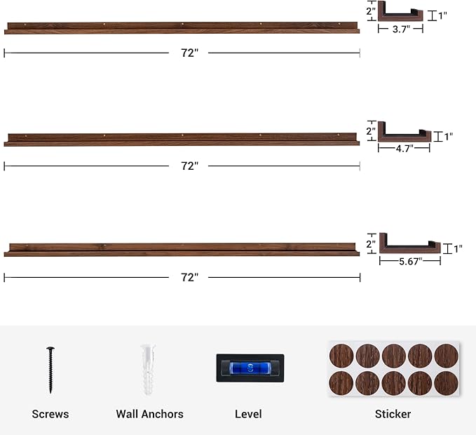 Axeman 72 Inch Floating Shelves | Walnut Picture Ledge Shelf Set of 3 | Rustic Wood Wall Shelves with Lip | 72" Walnut Picture Shelf for Wall with Ledge | Photo Shelves
