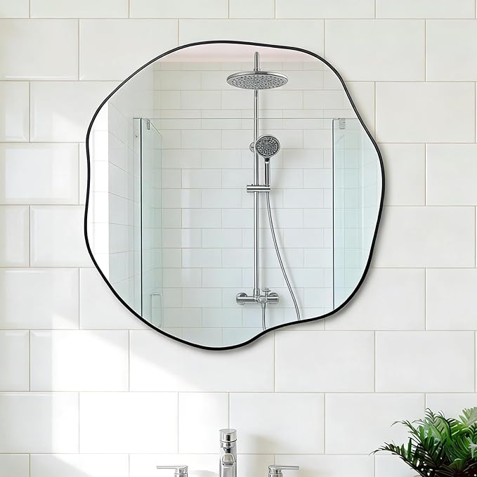 POZINO Irregular Round Mirror, 25" Asymmetrical Circle Mirrors, Scalloped Mirror Over Sink, Modern Frameless Abstract Mirrors for Living Room Bedroom Bathroom Entryway Hallway Fireplace