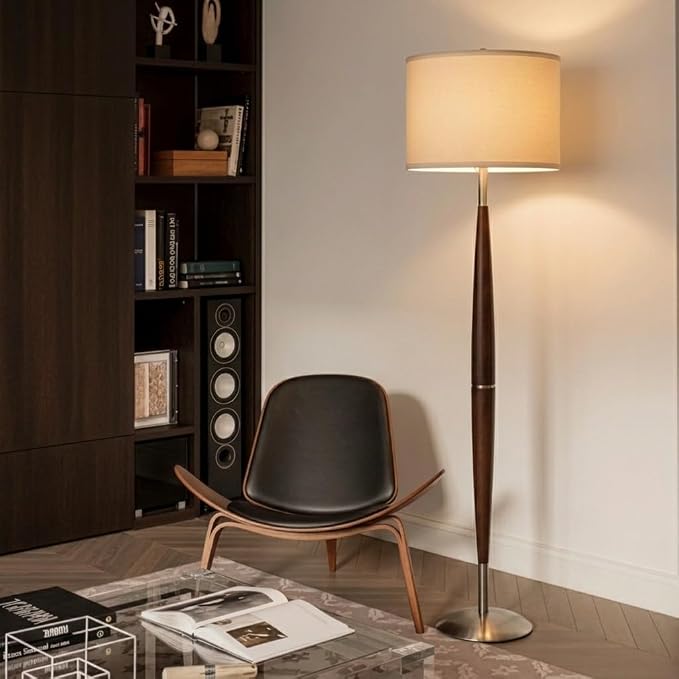Brightech Lucas LED Floor Lamp, Modern Light for Living Rooms & Offices, Great Living Room Décor with Drum Shade & Handsome Wood Finish, Bohemian Standing Lamp for Bedroom Reading