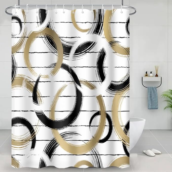 Modern Abstract Style Shower Curtain Black White Round Pattern Geometric Lines Shower Curtains for Art Aesthetic Bathroom Waterproof Fabric Decor Set with Hooks, 48W x 72H Inch