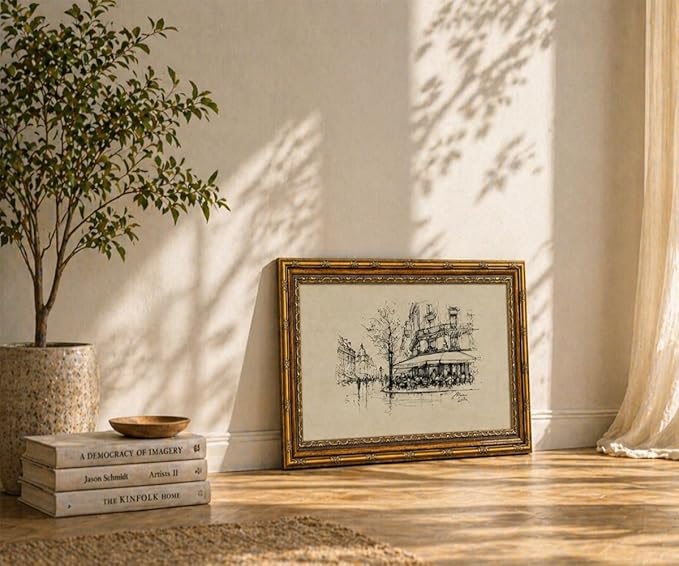 Vintage Paris Street Cafe Sketch Wall Art Print, Gold Framed European Cityscape Poster Living Room and Bedroom Decor 8x10 Inch