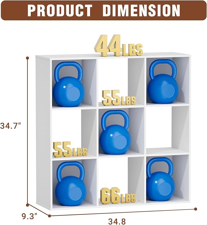 9 Cube Storage Organizer, Free Standing Display Shelf with Open Cubes, Floor Standing Book Shelf Bookcase with Storage for Home Office, Living Room, Bed Room (White, 9-Cube)