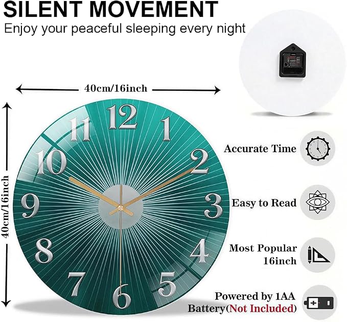 16 Inch Teal Sunburst Glass Wall Clock Silent Modern Art Decor | Silent glossy clock with an elegant teal sunburst and silver numbers, perfectly tracking time for your modern living room