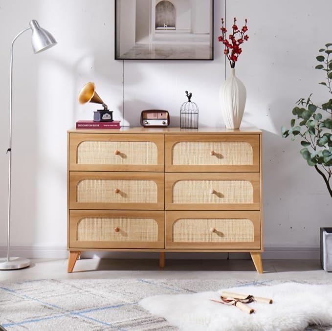 Dresser for Bedroom with 6 Drawers – Wide Chest of Drawers with Pulls Handles, Solid Wood Legs, Easy Assembly, Farmhouse Tall Dressers for Closet, Living Room,Hallway and Entryway Knobs Oak