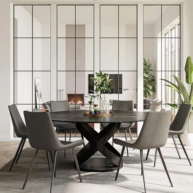 POVISON 60" Round Dining Table for 6, Modern Dining Room Table with Lazy Susan, Matte Black Sintered Stone Dining Tabletop with X-Shape Carbon Steel Base (Table Only)