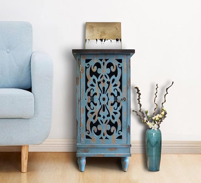 eHemco Distressed Blue Accent End Table with Pierced Floral Fretwork Door – Vintage Rustic Wood Storage Side Table for Living Room
