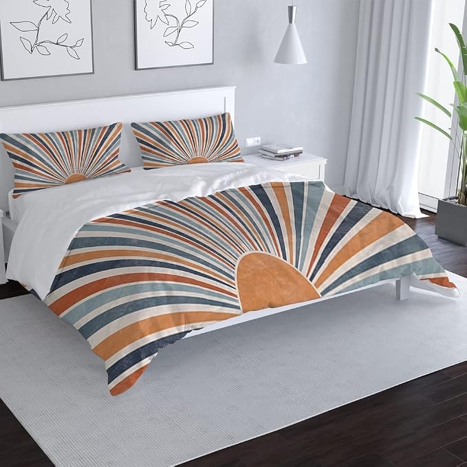 Boho Colorful Sunrise Duvet Cover Set Queen Size Boho Abstract Mid Century Orange Comforter Cover Minimalist Art Lightweight Soft Bedding Set 3 Pcs Breathable Bedding Set with 2 Pillowcase